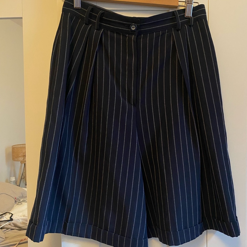 Navy Pinstripe Pleated Shorts - Picture 1 of 3